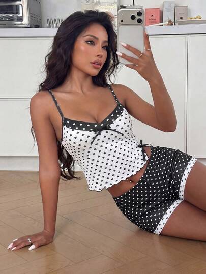 ZzzCrew Black & White Contrast Heart Print Fitted Camisole Pajama Set