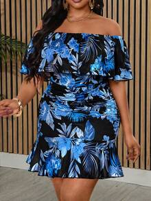 Villa Velisse Plus Size Women's Printed Off-Shoulder Dress, Suitable For Dates, Romantic, Fashionable, Versatile, Commuting, Spring/Summer - Multicolor - View 5
