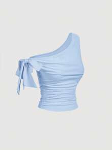 SHEIN MOD 女士夏季休闲度假纯色扭结不对称领口褶皱修身短款上衣 - 藍色 - 查看 4