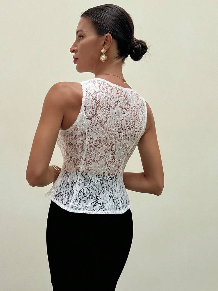Women's Sleeveless Lace Trim Fitted V-Neck Elegant Formal Summer Thin Vest Jacket