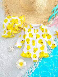 SHEIN Newborn Baby Cartoon Print Long Sleeve Rash Guard & Swim Cap Set, Suitable For Summer Vacation & Beach - Yellow - View 2