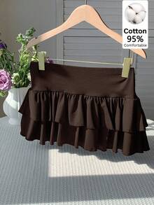 Comfortcana Women's Casual Everyday Commute Solid Color Layered Ruffle Hem Skirt, Summer - Brown - View 2