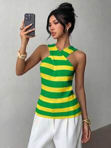 Selianne Casual Vacation Style Criss-Cross Black & White Striped Sleeveless Asymmetric Women Knit Top, Spring/Summer - Multicolor - View 5