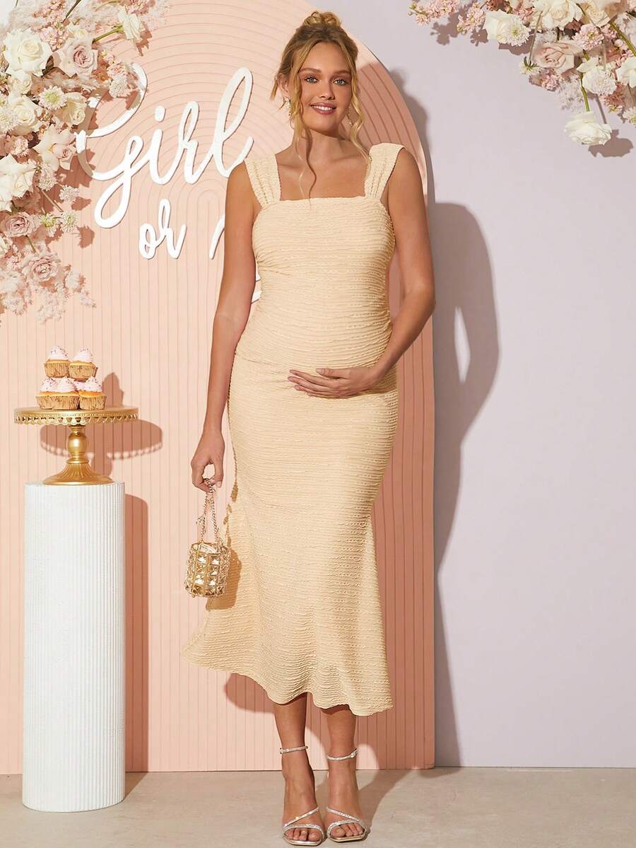 Loomaby Maternity Solid Color Fitted Square Neck Sleeveless Dress - Apricot - View 1