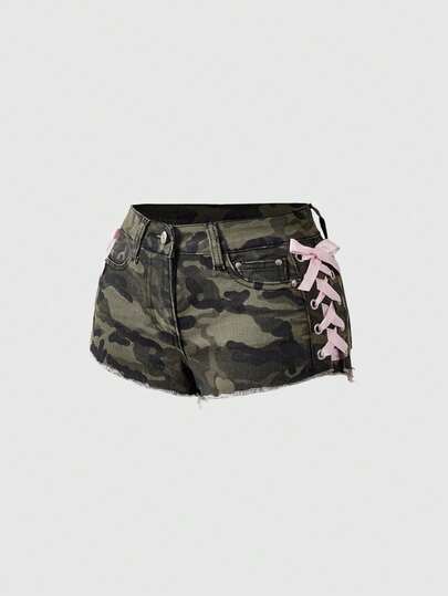 ROMWE Y2K Colorblock Sexy Side Tie Low Waist Fitted Stretch Women Denim Shorts, Spring/Summer