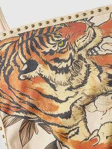 ROMWE Y2K Vintage Rivet Retro Tiger Head & Geisha Print Rhinestone Sexy Deep Draped Neck Camisole For Women - Apricot - View 3