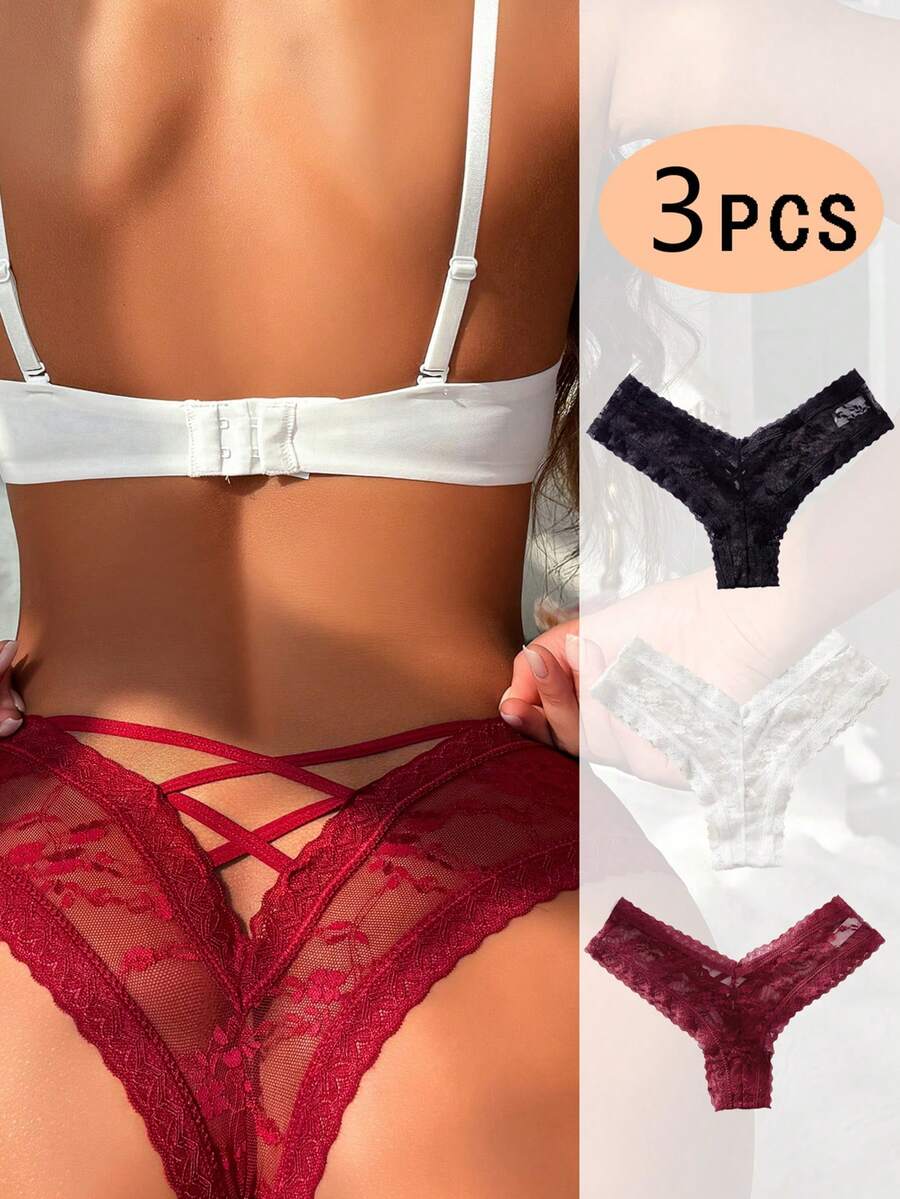 Seduluxe 3件套女士蕾丝时尚三角丁字裤套装内衣 - 彩色 - 查看 1