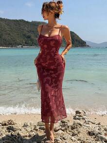 Livesso 女士夏季度假休闲吊带修身中长连衣裙 - 深紅色 - 查看 6