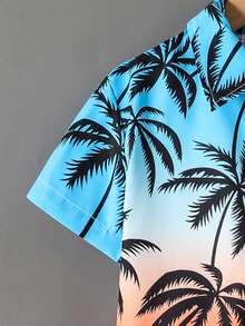 SHEIN 男童度假休闲渐变棕榈树印花衬衫短裤两件套 - 彩色 - 查看 5