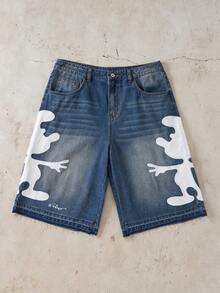 SHEIN X The Smurfs 男士宽松休闲百搭牛仔短裤，带口袋 - 中等水洗藍 - 查看 1