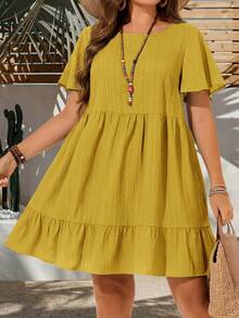 EMERY ROSE Plus Size Vacation Casual Solid Color Short Sleeve Dress, Summer Outfits For Women, Easter Bohemia, Rave Outfit Curve, Country Concert - Pale Yellow - View 3