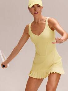 GLOWMODE Váy ngắn xếp ly FeatherFit™-Air Double Time mềm mại như bơ, co giãn, thấm hút mồ hôi, có quần short bên trong, túi hai bên, đế chống trượt và định hình vòng ba, kiểu áo liền thân hở lưng, thích hợp cho tennis, golf, pickleball, và các hoạt động thường ngày. - French Vanilla - Xem 7