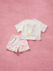 SUMWON Girls Floral T-Shirt And Shorts Co-Ord Set With Happy Days Everyday Text Print Short Sleeve Crew Neck Summer Outfit With Ruffle Hem Details - White - View 1