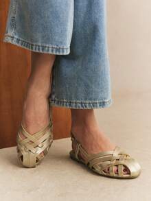 Rosivie Giày bệt nữ sandal La Mã rỗng quai cổ chân, giả da màu vàng, thoải mái, sandal đan nhiều sọc, giày đi chơi nghỉ dưỡng, sandal bệt lưới mắt cáo kiểu chuồng heo, sandal nữ màu vàng, giày bệt đi biển mùa hè cho nữ - Vàng - Xem 11