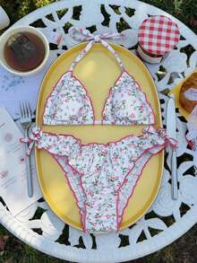 Women's Random Floral Print Halter Neck Ruffled Bikini Set, Spring/Summer Bikinis Set For Women Ruffle Bikini 2 Piece Set Floral Bikini Bikini Sets - Multicolor - View 2