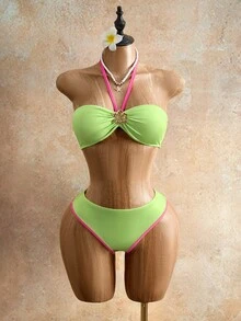 Mistrie Conjunto sexy de 3 piezas para mujer: Camiseta sin mangas con decoración metálica, Bragas de bikini con ribete contrastante, Falda de playa de malla con volantes y cordón, Conjunto de vacaciones de verano - Verde - Ver 8