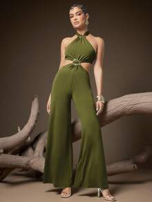 SHEIN Haute Jumpsuit cổ yếm, cổ yếm, lưng chữ V khoét sâu, viền kim loại, xếp ly, ống rộng. - màu xanh lá - Xem 2
