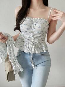 FRIFUL Áo dài tay họa tiết hoa nhí kiểu dáng thường ngày dành cho nữ, phối cùng áo hai dây, thích hợp cho mùa xuân/thu. - trắng - Xem 5