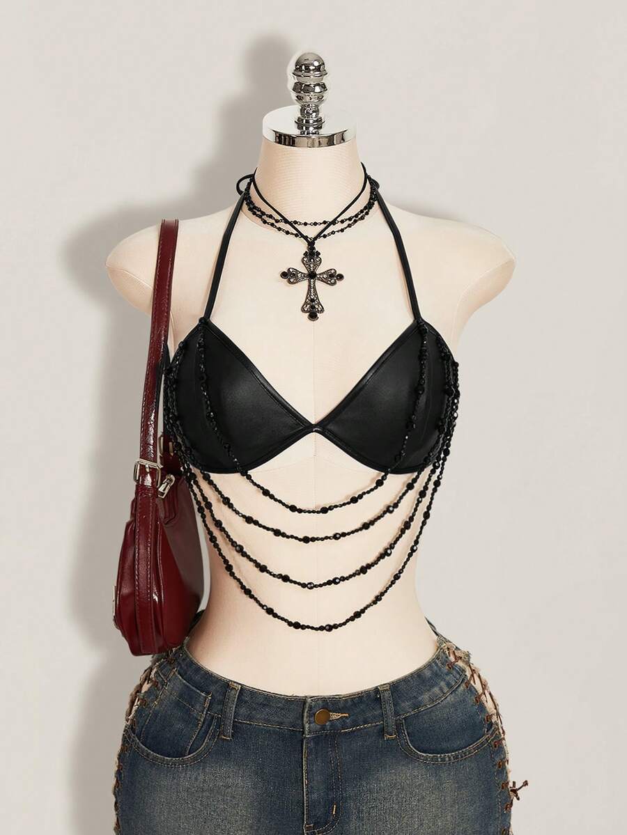 SHEIN ICON Áo nữ cổ yếm buộc dây, kiểu dáng thường ngày, đa năng. - màu đen - Xem 1
