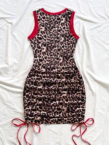 SHEIN PETITE CURVE 大码女式夏季度假豹纹撞色红色艺术涂鸦佩斯利印花针织无袖迷你连衣裙，带抽绳下摆，适合音乐节、复活节、狂欢节、海滩、邮轮、下午茶、夏季穿着。 - 彩色 - 查看 2