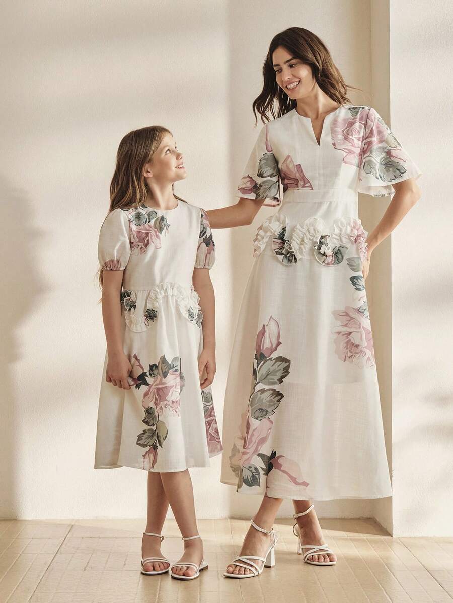Anewsta Spring/Summer Round Neck Petal Sleeve Big Floral Print Ruffle Hem Wavy Trim A-Line Girls Dress - White - View 1