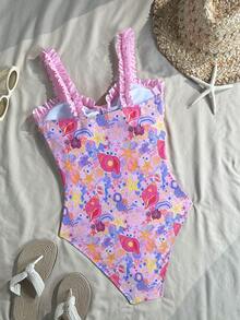 Swim Mod 1pc Women's Random Print Shoulder Strap Ruched Front Tie Design Cute & Sweet Beach Vacation Swimsuit, Summer - Multicolor - View 2