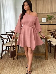 Weeklong Plus Size Women Asymmetric Ruffle Sleeve A-Line Casual Dress - Coral Pink - View 5