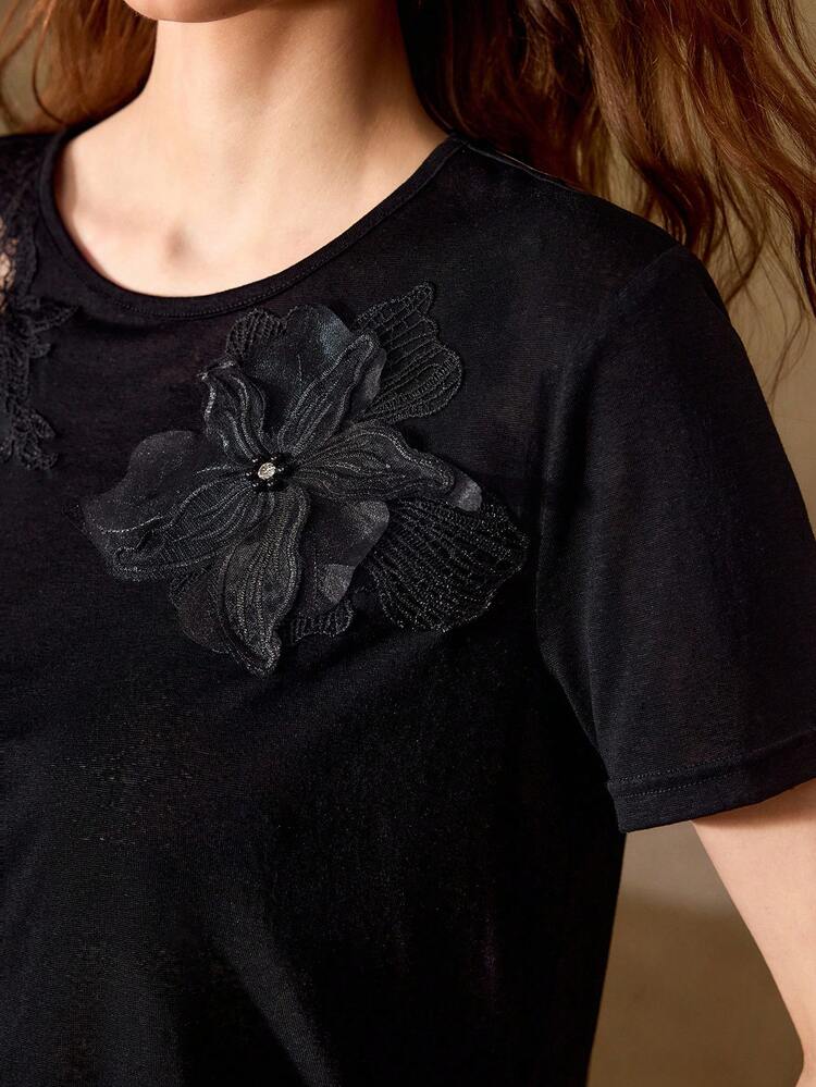 WOMEN'S TENCEL LINEN ROUND NECK SHORT SLEEVE PATCHWORK LACE T-SHIRT, SPRING/SUMMER