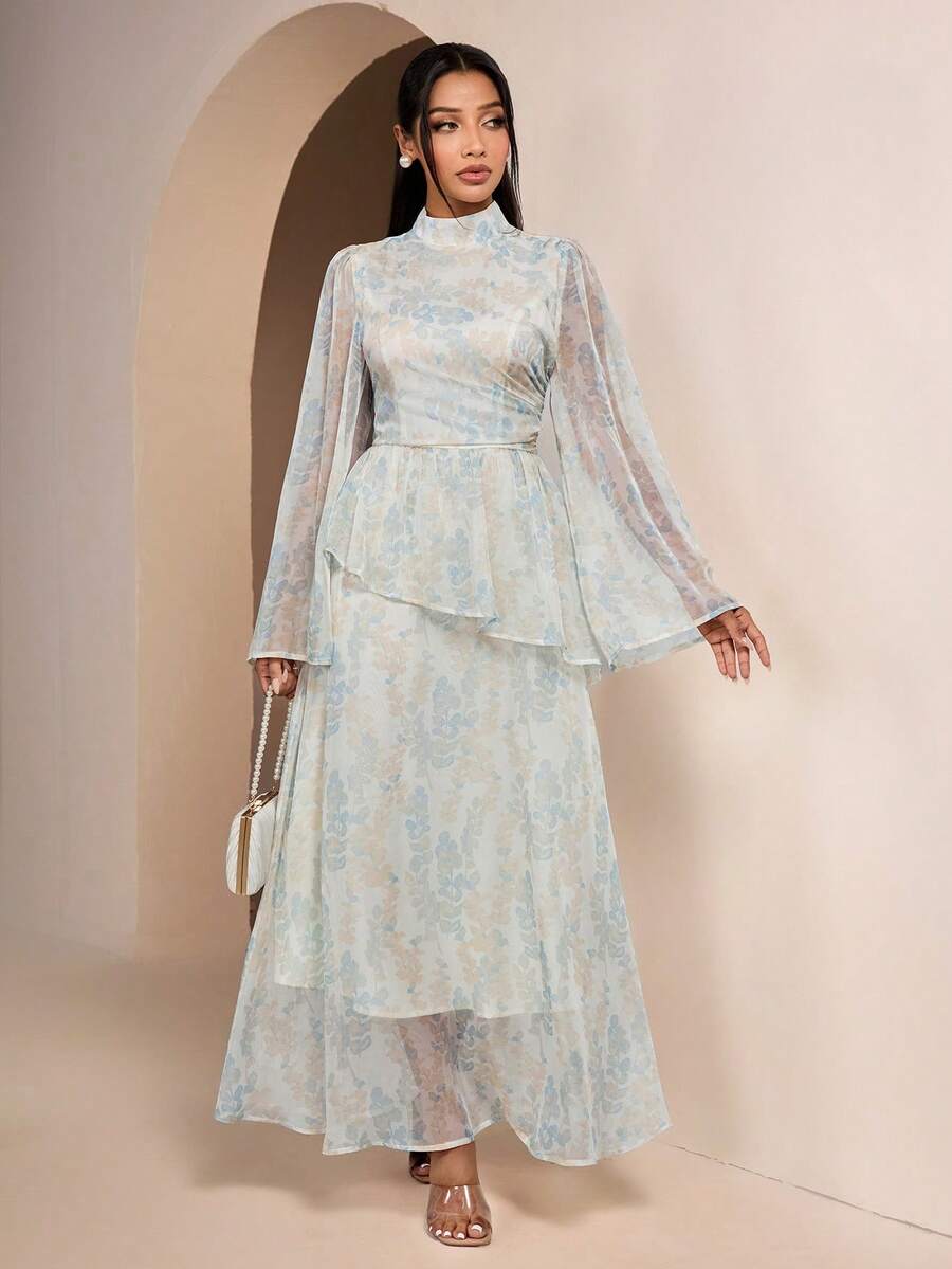 Veilorie Women's Botanical Print Long Sleeve Ruffle Hem Elegant Arabic Style Dress - Multicolor - View 1