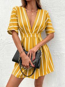 Calvaya Vestido mini sexy de mujer con cuello en V profundo y mangas cortas a rayas - Amarillo - Ver 3