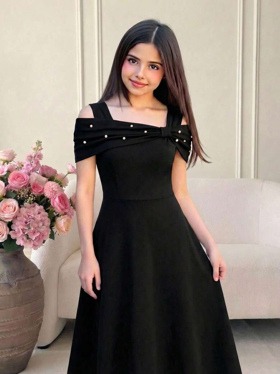 青少年女孩酒紅色珠飾大蝴蝶結領口收腰 A 字修身長洋裝 - 黑色 - 查看 1