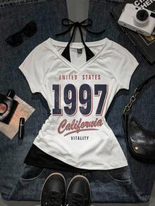 SHEIN Attitoon Áo thun nữ tay ngắn cổ chữ V buộc dây kiểu retro, phối màu tương phản, thích hợp cho mùa hè. - trắng - Xem 5