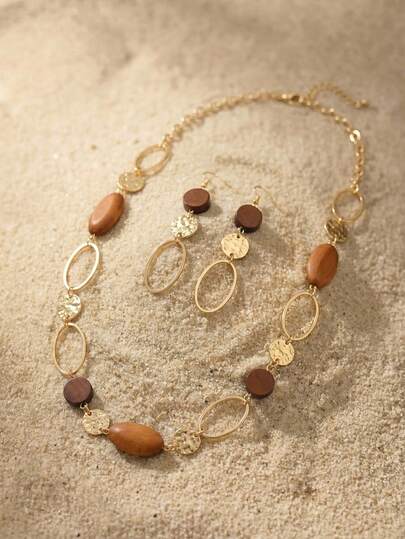 Arave 1 Set Vintage Hollow Round Wooden Bead Necklace & Earrings Suit, Fashion Sweater Chain Necklace Suitable For Women Party, Christmas & New Year Gift