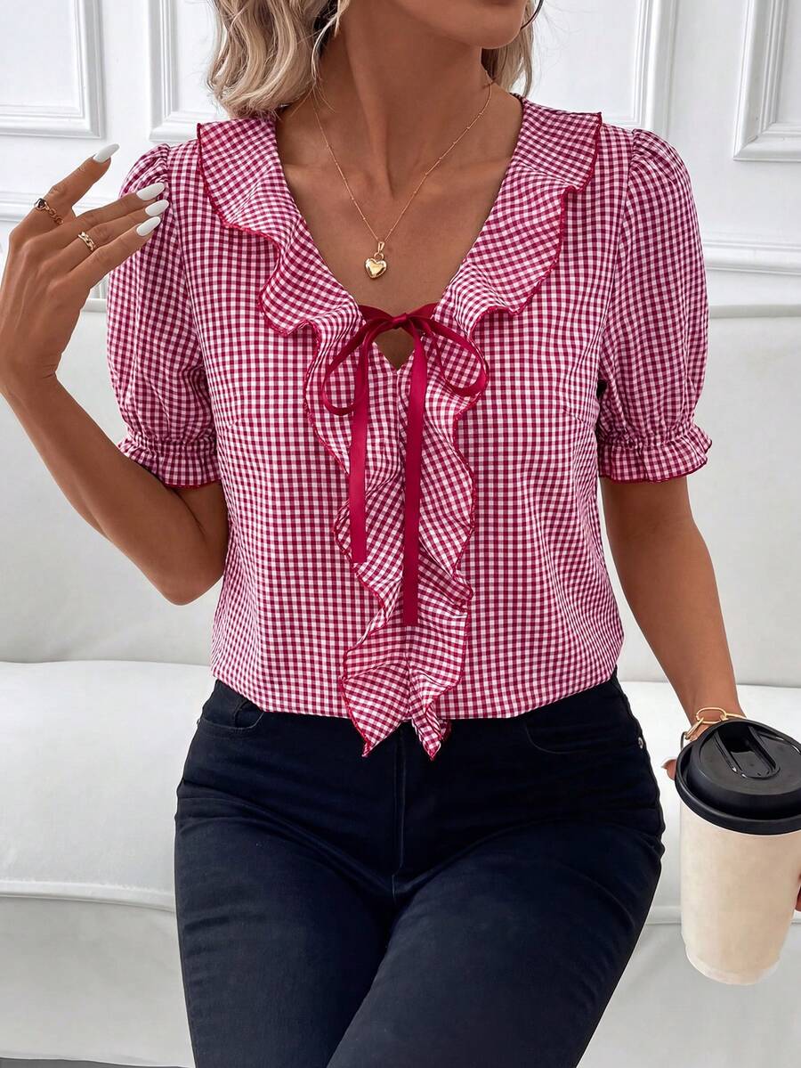 SHEIN Clasi 女士时尚格子印花短袖衬衫,夏季 - 紅白色 - 查看 1