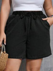 Firerie Plus Size Washed Denim Casual Shorts, Summer - Black - View 4