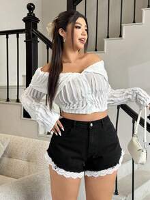 SHEIN EZwear 复古美式蓝色毛边牛仔短裤 - 黑色 - 查看 5