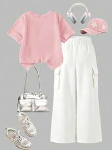 SHEIN Elladie kids Bộ 2 món cho bé gái tuổi teen, áo thun và quần cargo, áo thun cổ tròn tay ngắn thêu nơ và quần, trang phục thời trang cho mùa xuân/hè. - Hồng - Xem 3