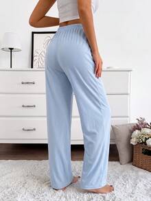 Women Cotton Rib Knit 2 Pcs Bow &Ribbon Detail Homewear Long Longe Comfort Long Bottoms Sets - Multicolor - View 5