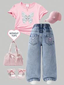 SHEIN Elladie kids Young Girls' Casual Jeans,Back-To-School Light Blue Vintage Distressed Denim,Elastic Waist Asymmetric Design,Bow Embroidered Pocket Straight Leg Pants - Light Wash - View 4