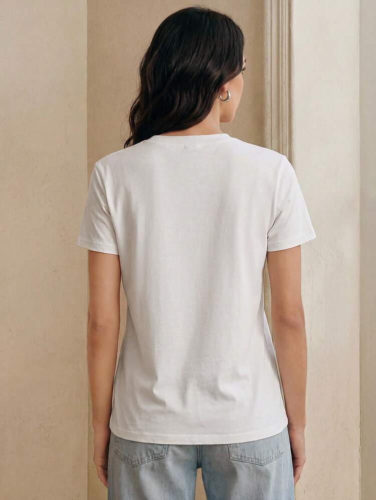Embellished Bowknot Beaded Short Sleeve T-Shirt, Versatile Casual Top For Women, Spring/Summer