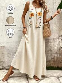 Đầm nữ dáng casual thêu họa tiết có túi, đa năng và thời trang, thích hợp cho kỳ nghỉ. - Màu be - Xem 3
