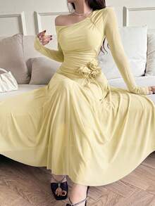 Feyla Vestido elegante de mujer con decoración floral 3D de unicolor - Amarillo - Ver 8