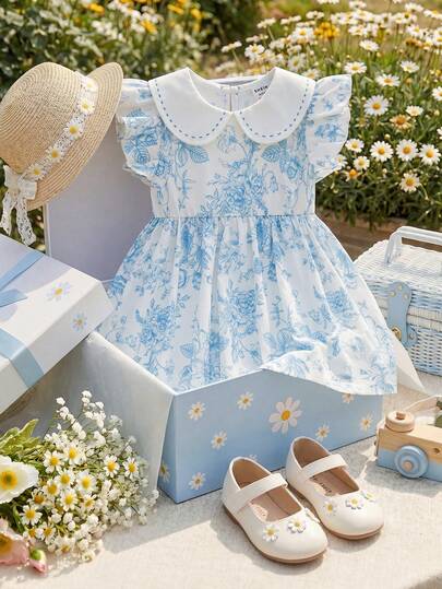 Souflis Souflis Elegante vestido de estilo francés para niña bebé con estampado jugoso de color azul claro, cuello Peter Pan y mangas cortas, encantador y de moda