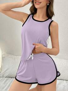 SHEIN Contrast Trim Casual Tank Top And Shorts Women Pajama Set - Mauve Purple - View 6