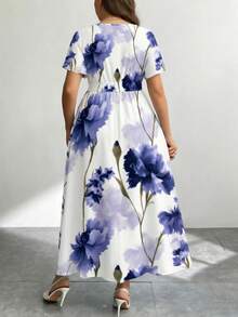 Modelyn Casual Minimalist Retro Floral Pattern Loose Plus Size Dress, Suitable For Autumn/Winter - Multicolor - View 2