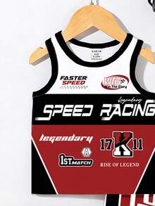 2pcs/Set Baby Boy Casual Chic Racing Car Logo Graphic Print Round Neck Tank Top And Matching Logo Shorts Set, Suitable For Summer Outings - Multicolor - View 7