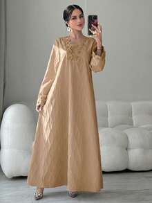 Al Najma Women's Elegant Long Sleeve Arabic Style Dress - Khaki - View 7