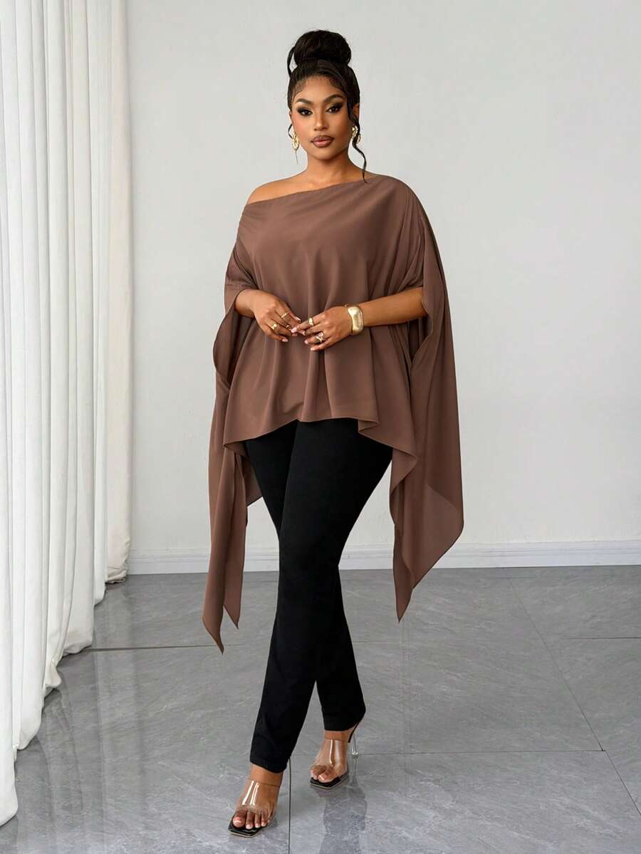 Maweii Große Größen Damen Sommer Asymmetrisches Lässig Pendler Minimalistisches Urlaubs Asymmetrisches Schulterhemd - Kaffeebraun - Übersicht 1