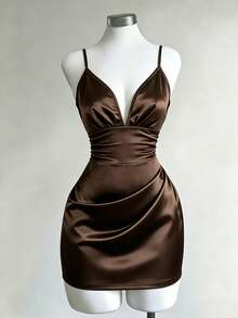 Franclia Women's Elegant Solid Satin Luxurious Spaghetti Strap Ruched Low-Cut Waist Dress - Coffee Brown - View 3