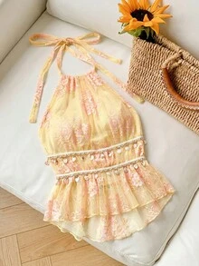 Comfortcana Áo hai dây không tay hở lưng dành cho nữ, kiểu dáng mùa hè thời trang, phù hợp cho mặc hàng ngày, đi nghỉ mát, hẹn hò lãng mạn, áo hai dây màu vàng hở lưng họa tiết vỏ sò gợi cảm phong cách bohemian. - Nhiều màu - Xem 5